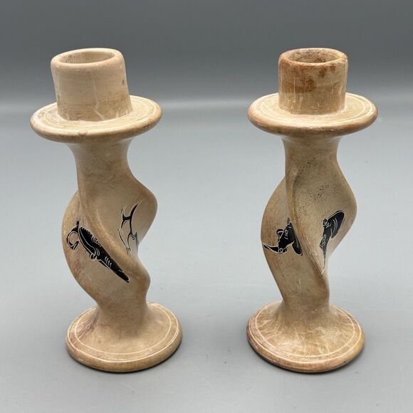 Vtg Carved Handpainted Soapstone Twisted Candlestick Holders Elephant Rhinoceros - Picture 1 of 8